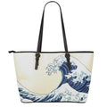 Japanese Ocean Wave Print Leather Tote Bag With Zipper
