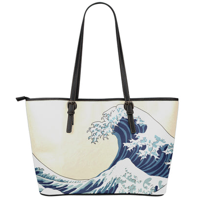 Japanese Ocean Wave Print Leather Tote Bag