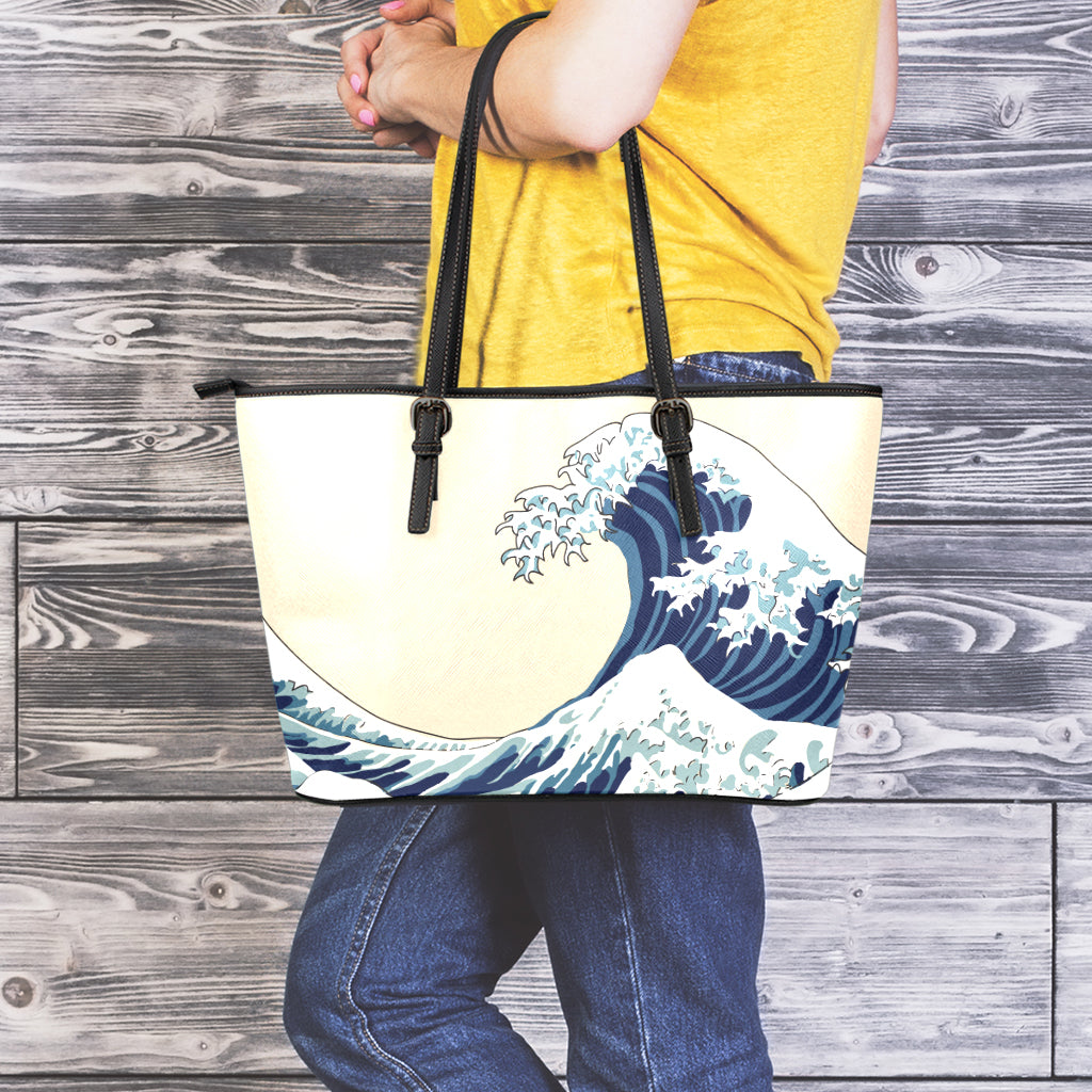 Japanese Ocean Wave Print Leather Tote Bag