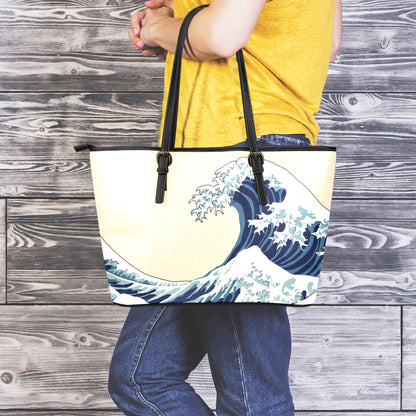 Japanese Ocean Wave Print Leather Tote Bag