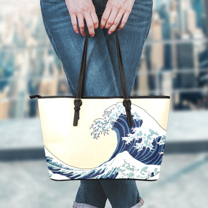 Japanese Ocean Wave Print Leather Tote Bag