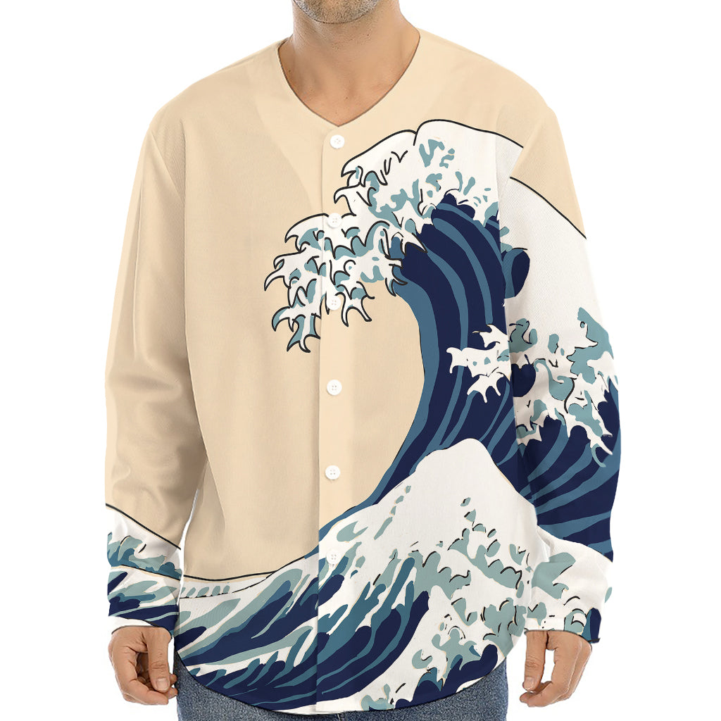 Japanese Ocean Wave Print Long Sleeve Baseball Jersey