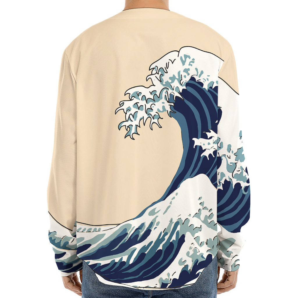 Japanese Ocean Wave Print Long Sleeve Baseball Jersey