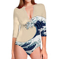 Japanese Ocean Wave Print Long Sleeve Swimsuit