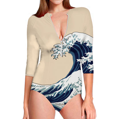 Japanese Ocean Wave Print Long Sleeve Swimsuit