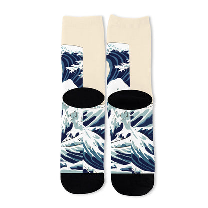 Japanese Ocean Wave Print Long Socks