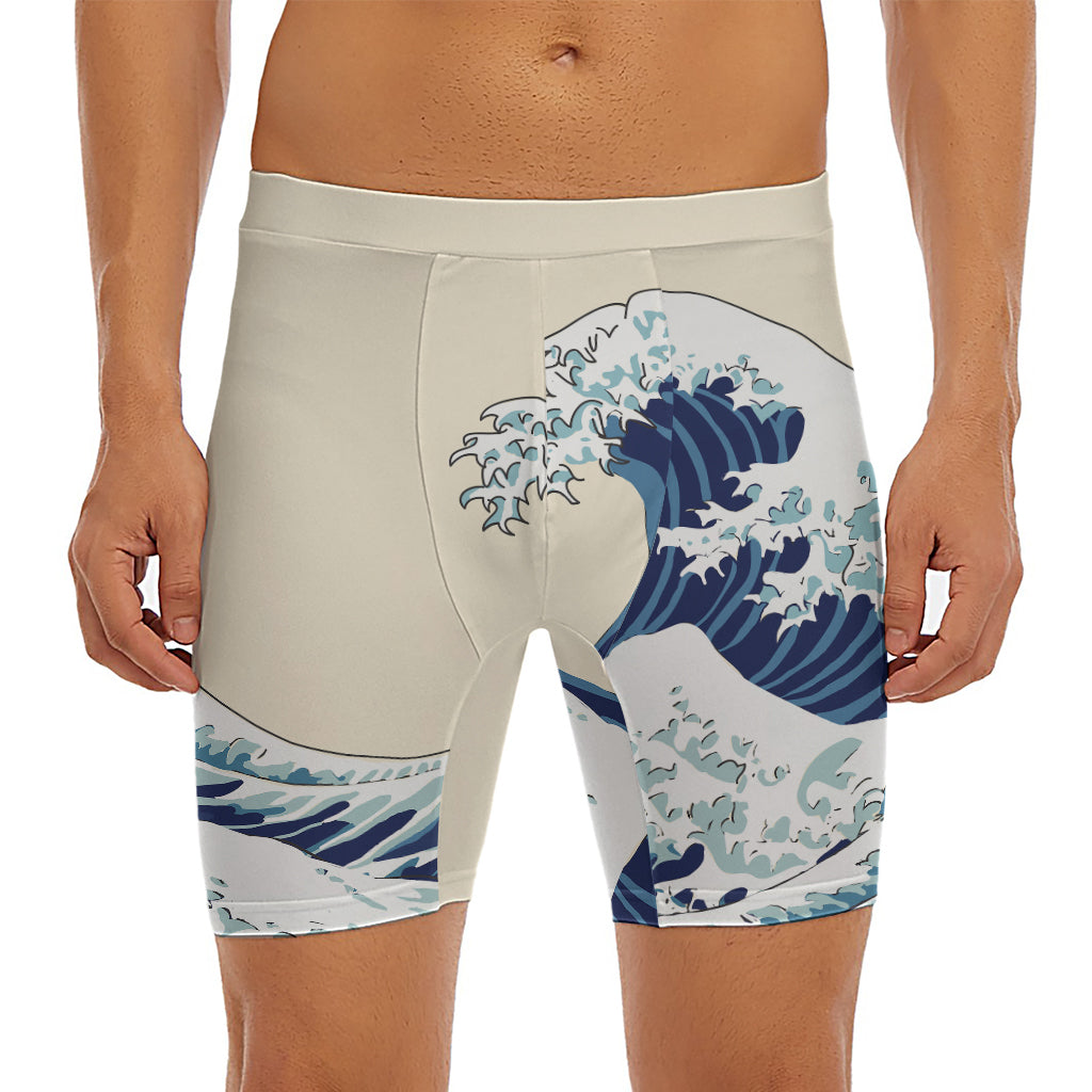 Japanese Ocean Wave Print Men's Long Boxer Briefs