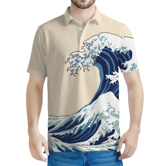 Japanese Ocean Wave Print Men's Polo Shirt