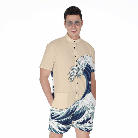 Japanese Ocean Wave Print Men's Rompers