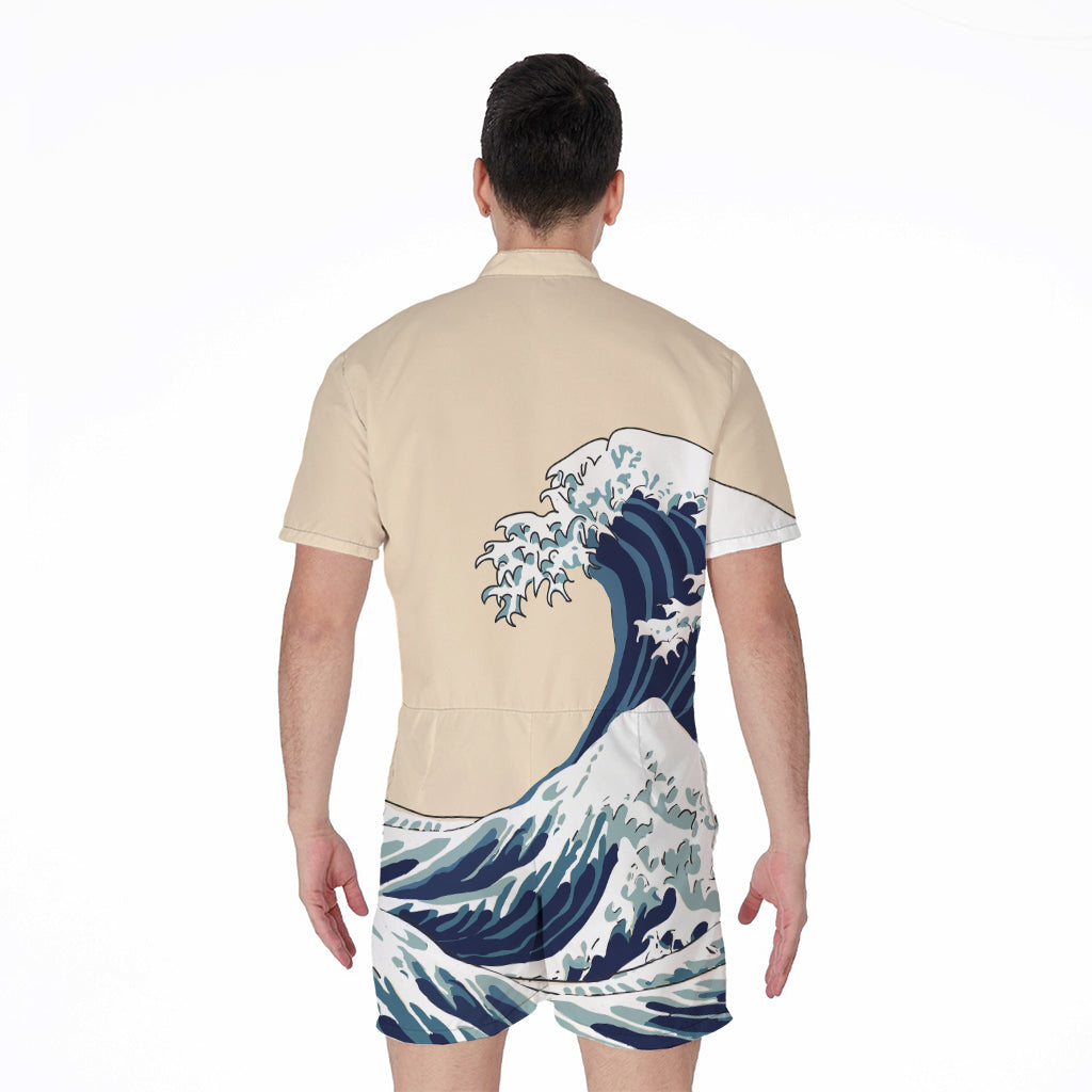 Japanese Ocean Wave Print Men's Rompers