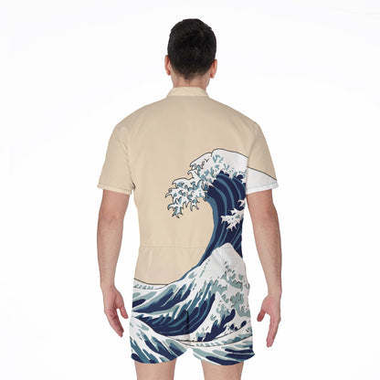 Japanese Ocean Wave Print Men's Rompers