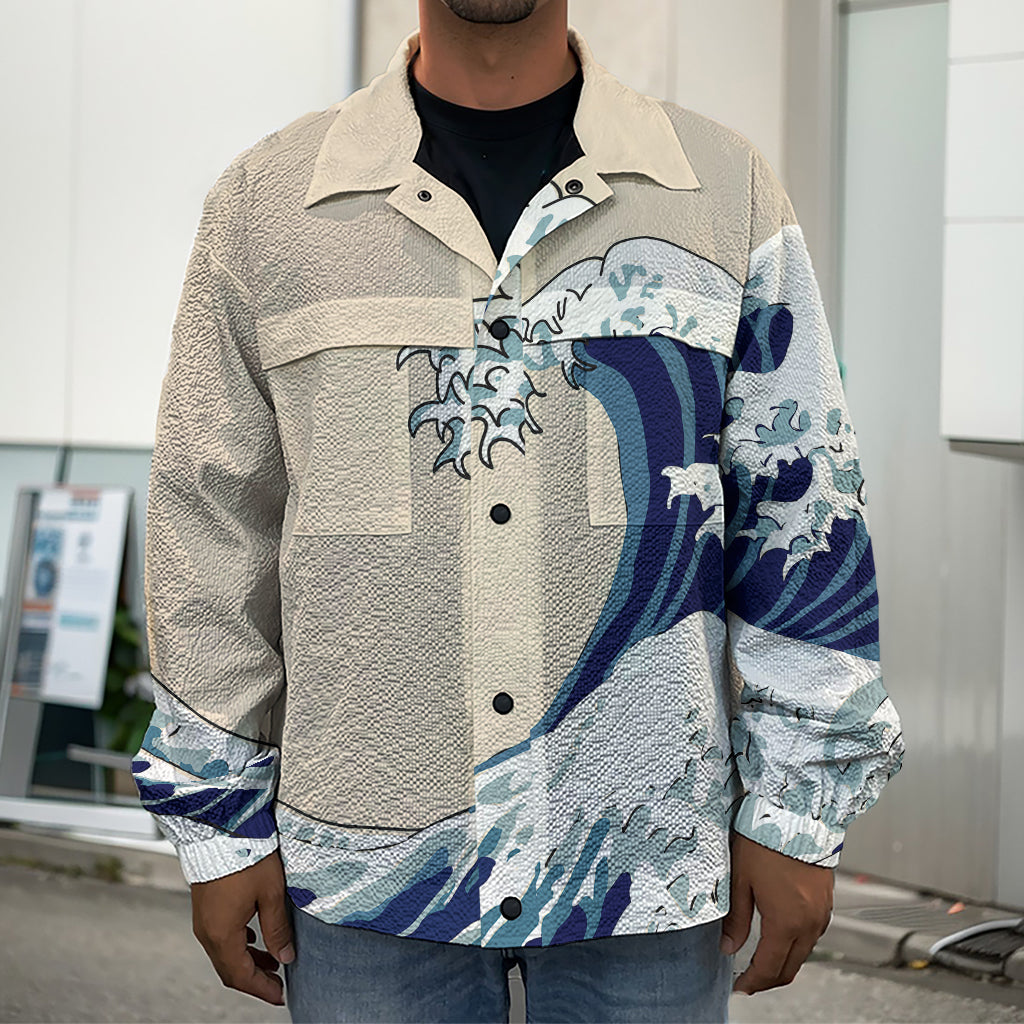 Japanese Ocean Wave Print Men's Shirt Jacket