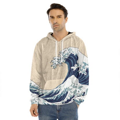 Japanese Ocean Wave Print Men's Velvet Pullover Hoodie