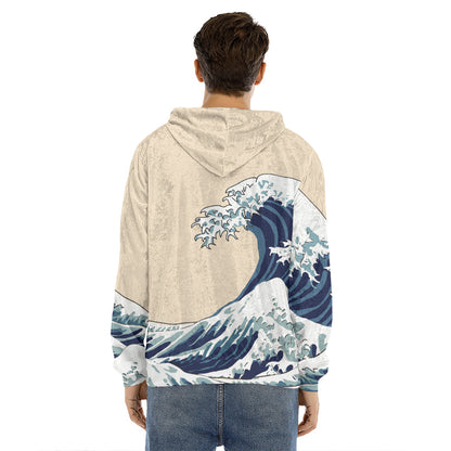Japanese Ocean Wave Print Men's Velvet Pullover Hoodie