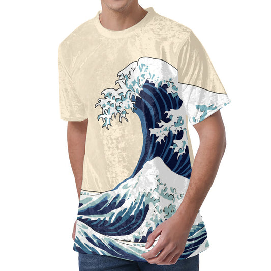 Japanese Ocean Wave Print Men's Velvet T-Shirt