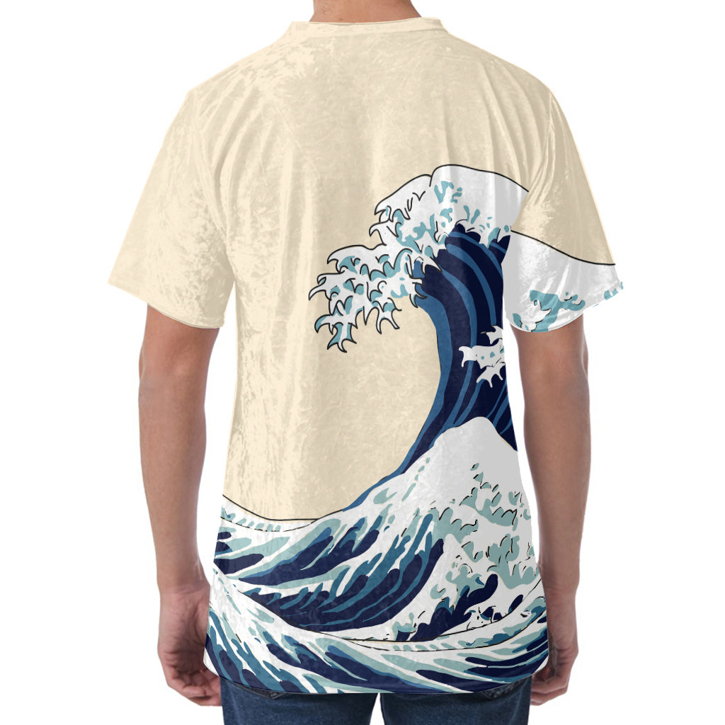 Japanese Ocean Wave Print Men's Velvet T-Shirt