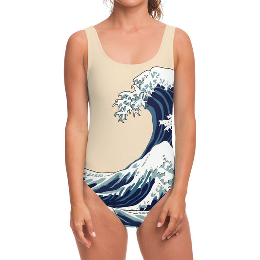 Japanese Ocean Wave Print One Piece Swimsuit