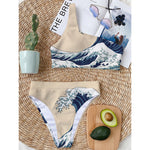 Japanese Ocean Wave Print One Shoulder Bikini Top