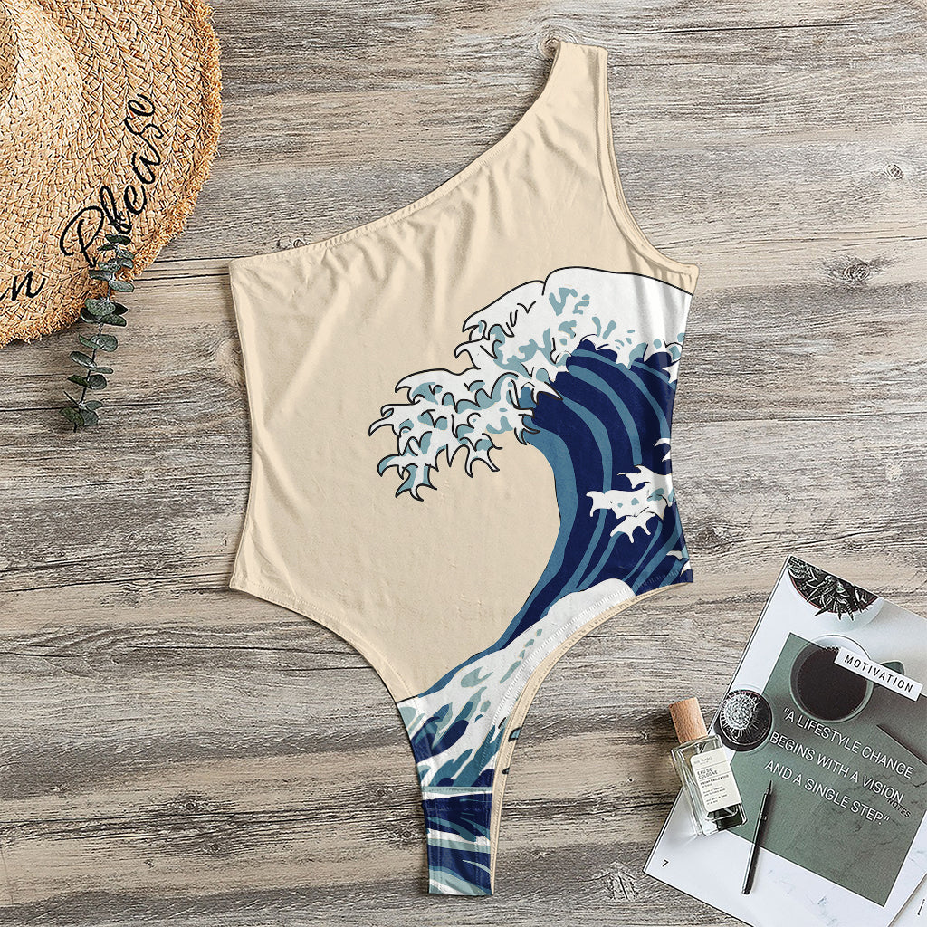 Japanese Ocean Wave Print One Shoulder Bodysuit