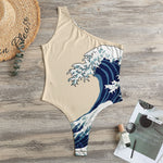 Japanese Ocean Wave Print One Shoulder Bodysuit