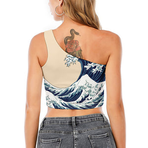 Japanese Ocean Wave Print One Shoulder Crop Top