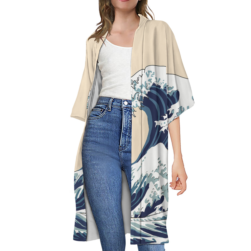 Japanese Ocean Wave Print Open Front Beach Cover Up