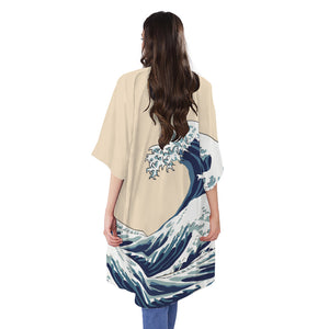 Japanese Ocean Wave Print Open Front Beach Cover Up