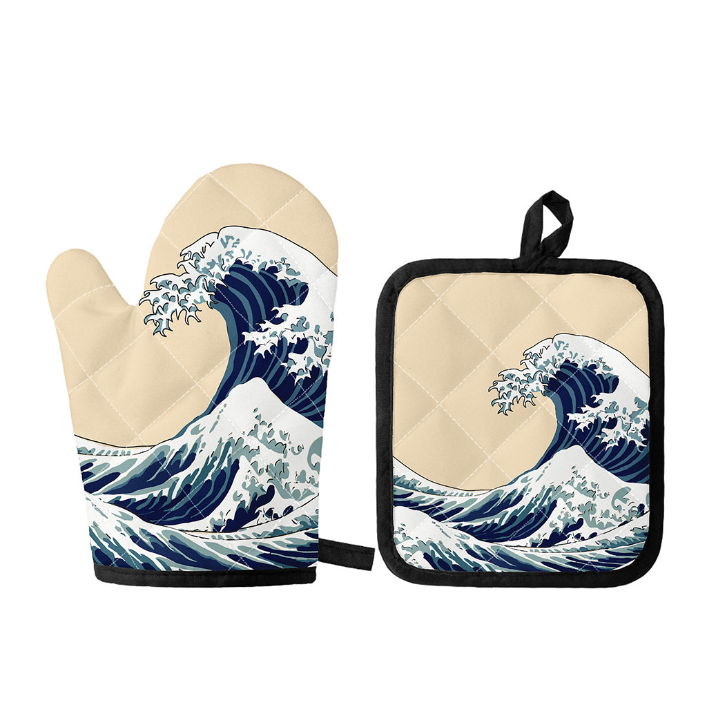 Japanese Ocean Wave Print Oven Mitt And Pot Holder Set