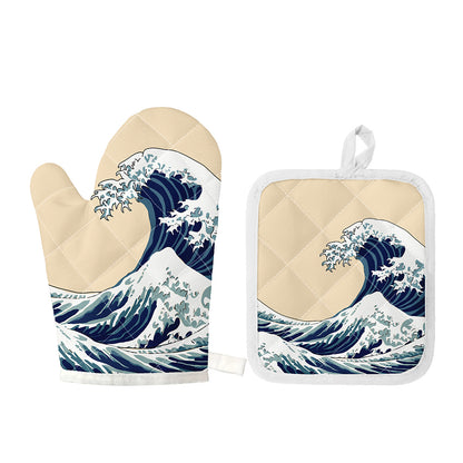 Japanese Ocean Wave Print Oven Mitt And Pot Holder Set