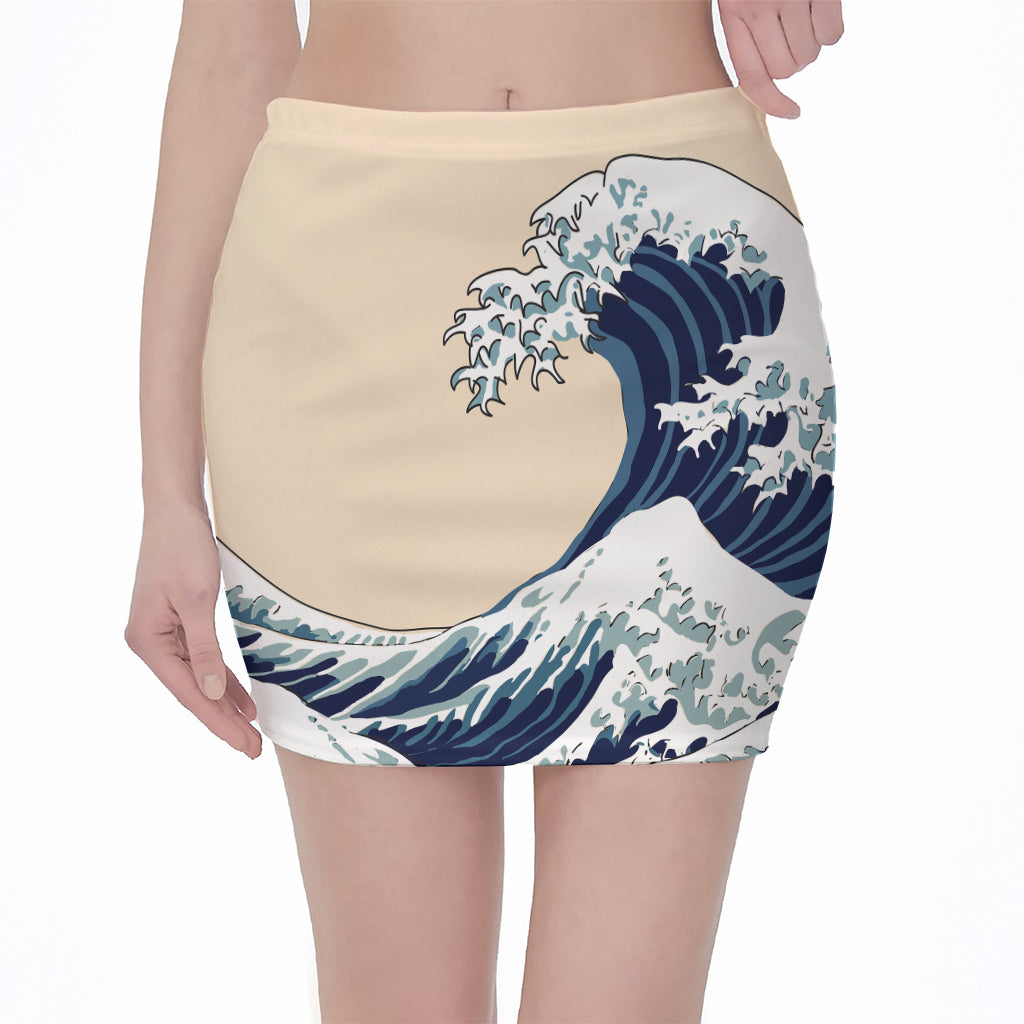 Japanese Ocean Wave Print Pencil Mini Skirt