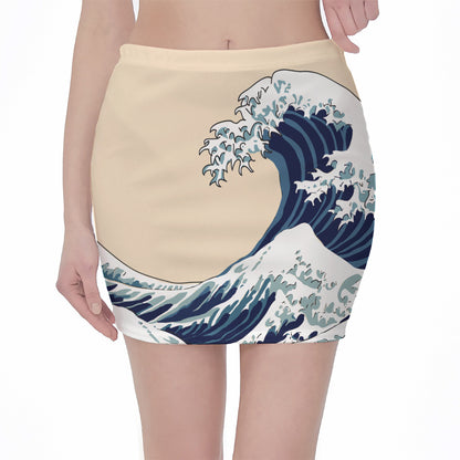 Japanese Ocean Wave Print Pencil Mini Skirt