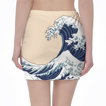 Japanese Ocean Wave Print Pencil Mini Skirt