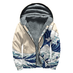 Japanese Ocean Wave Print Sherpa Lined Zip Up Hoodie