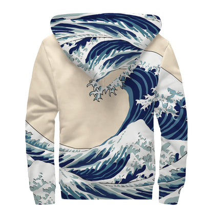 Japanese Ocean Wave Print Sherpa Lined Zip Up Hoodie