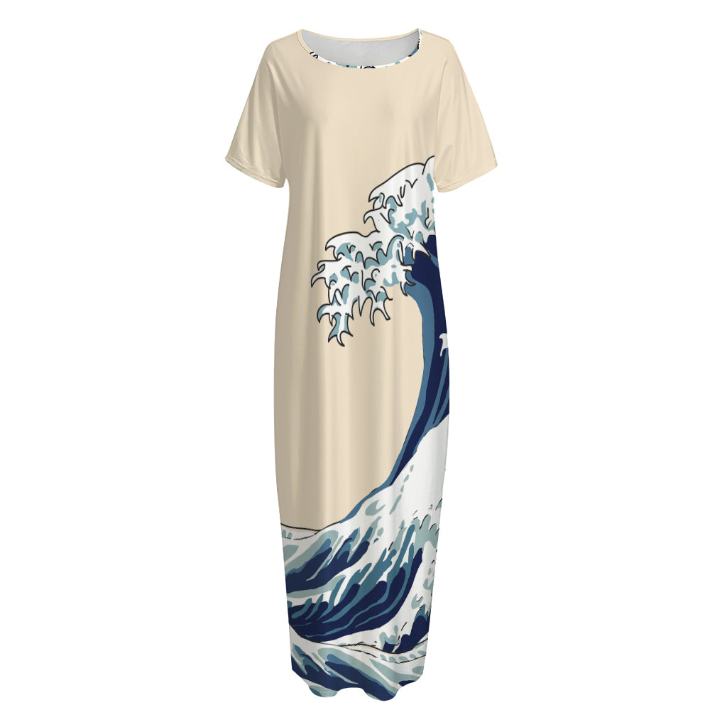 Japanese Ocean Wave Print Short Sleeve Long Nightdress