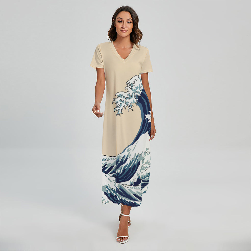 Japanese Ocean Wave Print Short Sleeve Maxi Dress