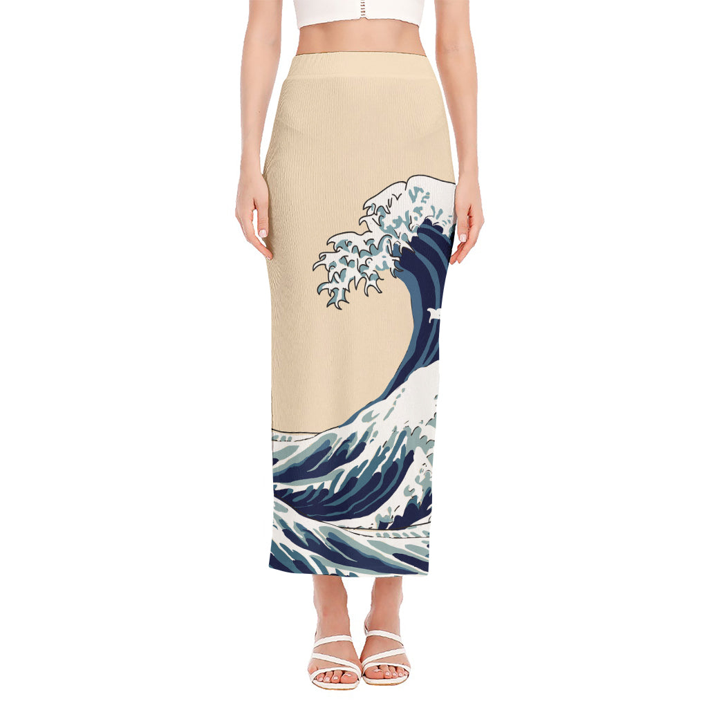 Japanese Ocean Wave Print Side Slit Maxi Skirt