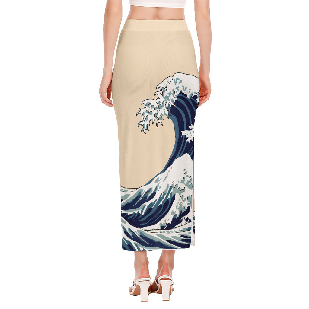 Japanese Ocean Wave Print Side Slit Maxi Skirt