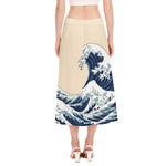 Japanese Ocean Wave Print Side Slit Midi Skirt