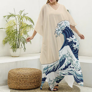 Japanese Ocean Wave Print Silk V-Neck Kaftan Dress