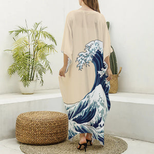 Japanese Ocean Wave Print Silk V-Neck Kaftan Dress