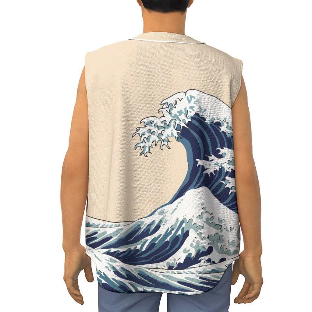 Japanese Ocean Wave Print Sleeveless Baseball Jersey