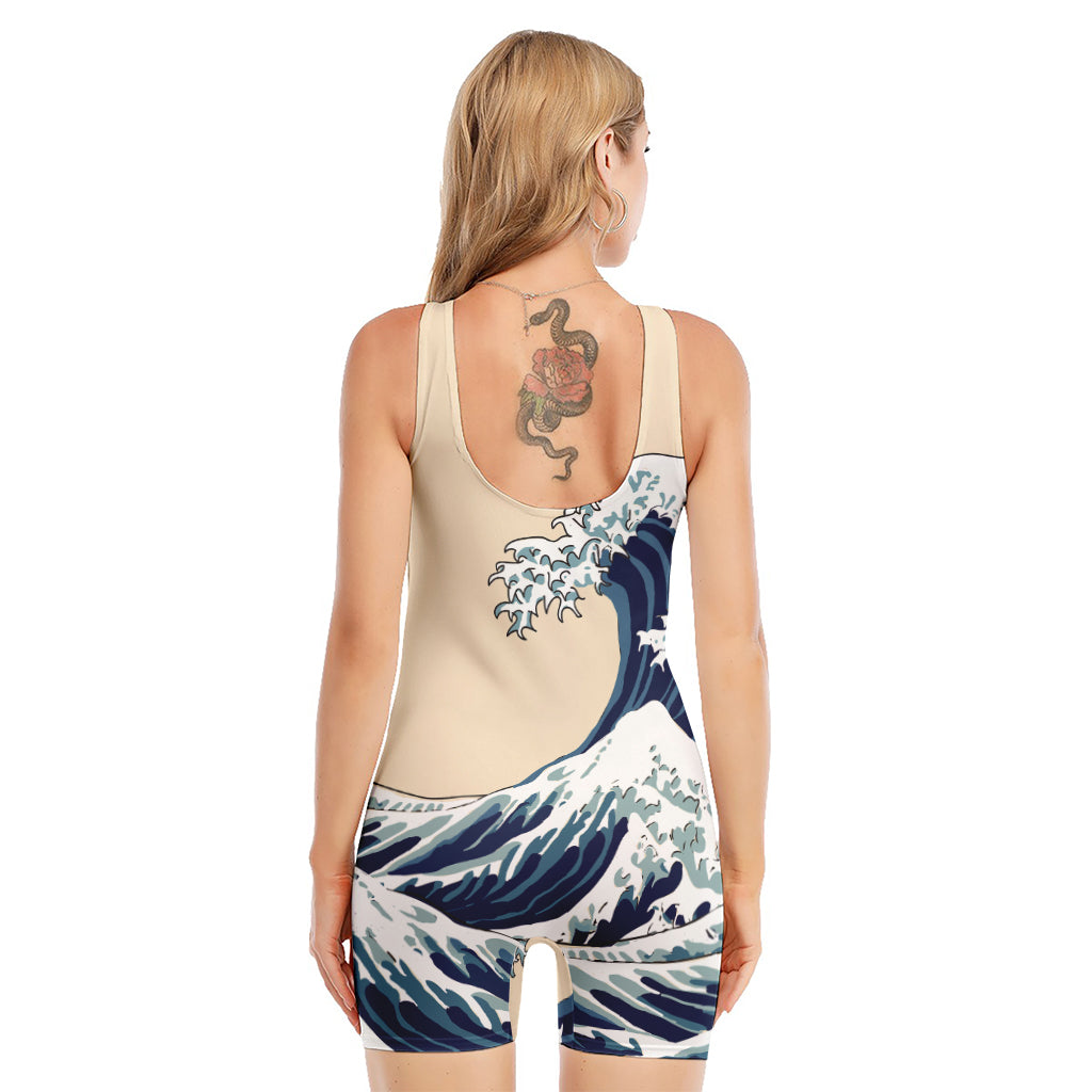 Japanese Ocean Wave Print Sleeveless One Piece Swimsuit