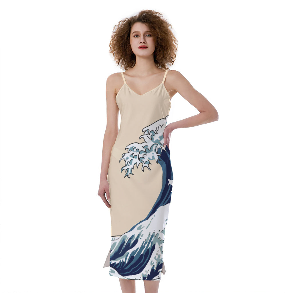 Japanese Ocean Wave Print Slim Fit Midi Cami Dress