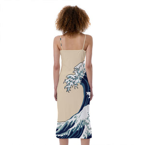 Japanese Ocean Wave Print Slim Fit Midi Cami Dress