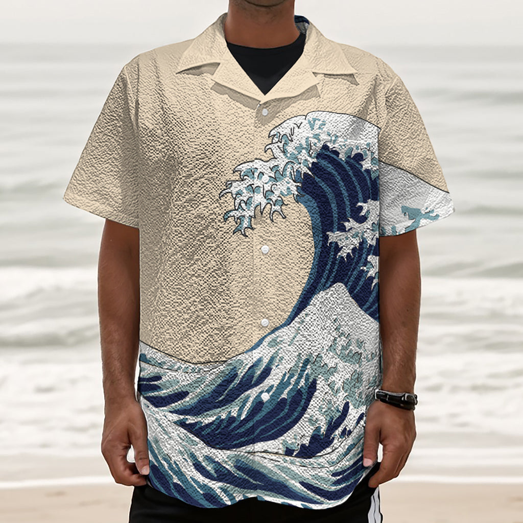 Japanese Ocean Wave Print Textured Short Sleeve Shirt