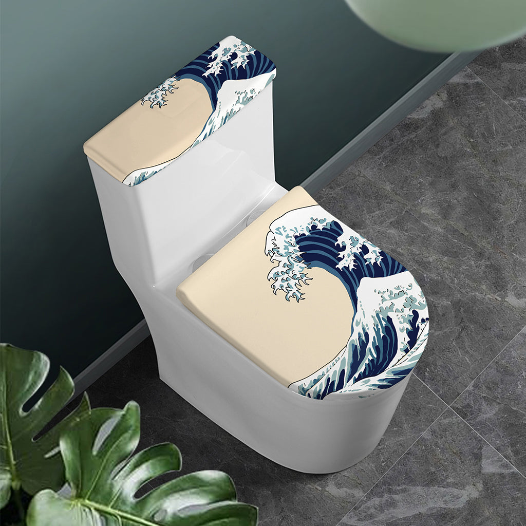 Japanese Ocean Wave Print Toilet Lid And Tank Cover Set