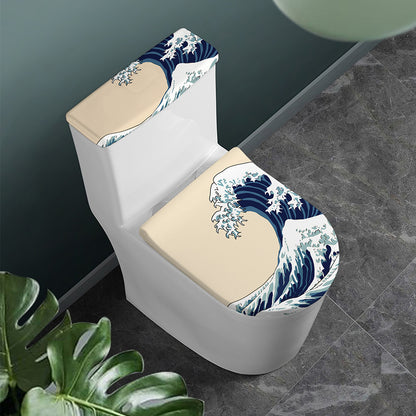 Japanese Ocean Wave Print Toilet Lid And Tank Cover Set