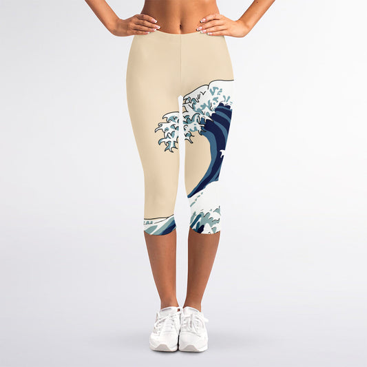 Japanese Ocean Wave Print Women's Capri Leggings