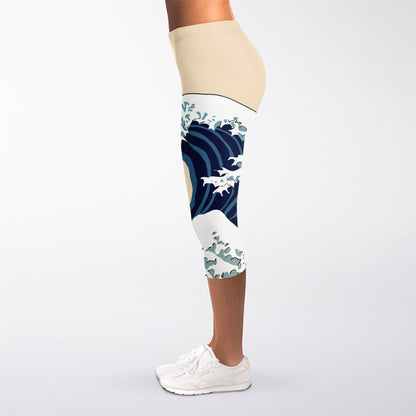 Japanese Ocean Wave Print Women's Capri Leggings
